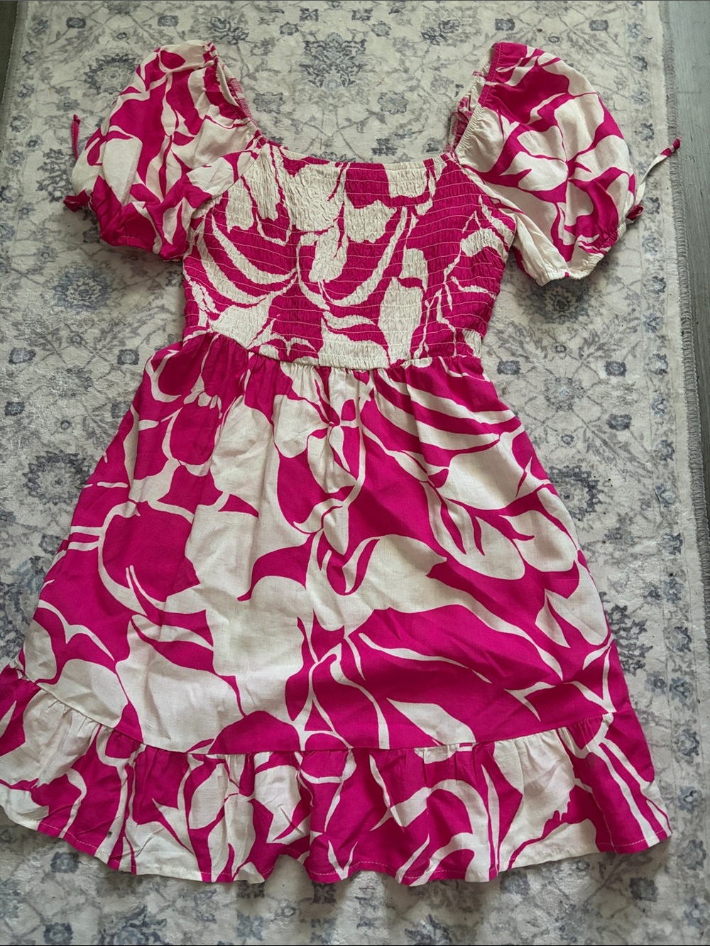 Lily Rose Hot Pink and White Smocked Puff-Sleeve Midi Dress